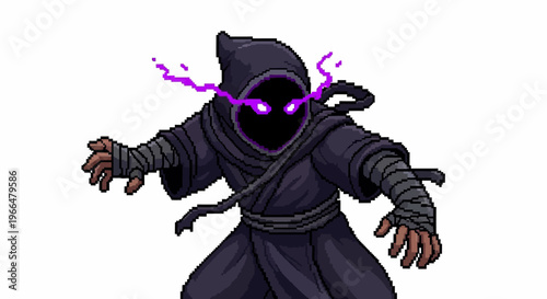 Mysterious hooded figure with glowing purple eyes casting dark magic.