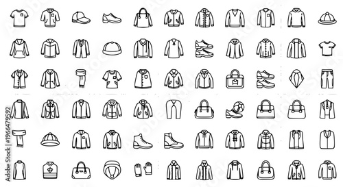 Modern 100 clothes outline icons collection with fashion apparel, footwear, and accessories system