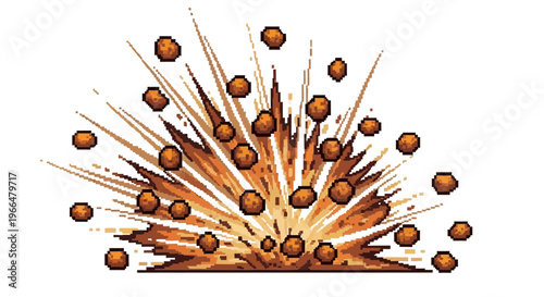 Explosion of small brown spheres with fiery orange blast.