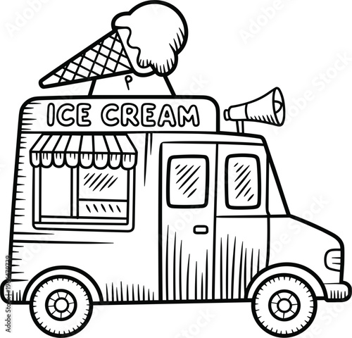 Ice cream truck illustration, vintage street food van with cone sign line art vector design