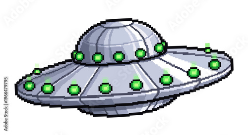 Retro Pixel Art UFO Spaceship with Green Lights.