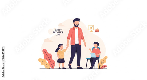 A cheerful cartoon illustration of a man with two children, conveying a joyful family moment with a warm color palette