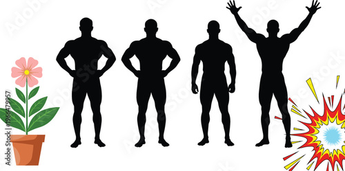 Vector illustration set featuring muscular male bodybuilder silhouettes, potted flower plant, and colorful comic explosion burst graphic