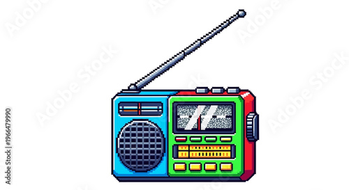 Retro Portable Radio with Colorful Design and Antenna.