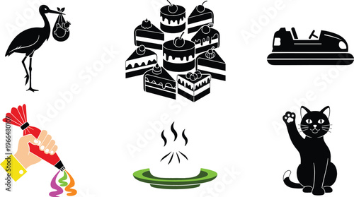 Vector icon set with stork carrying baby bundle, cake slices dessert stack, electric iron appliance, pouring paint bucket, campfire smoke, and black cat