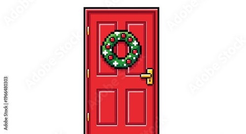 Red Door Decorated With Festive Christmas Wreath.