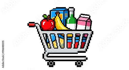 Pixelated Shopping Cart Filled With Groceries.
