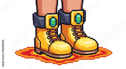 Pixel Art Yellow Hiking Boots Standing on Fiery Ground.