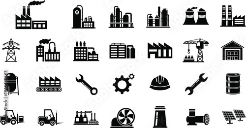 Industry and manufacturing icons: factories, machinery, and power symbols, plant building, hard hat