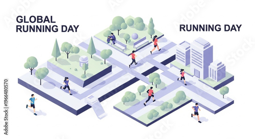 Isometric illustration of people running on city streets and through parks on Global Running Day with green trees and buildings