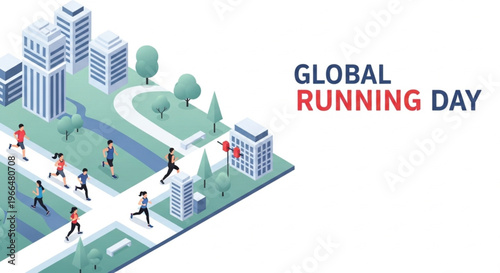 Isometric illustration of people running on a city sidewalk for Global Running Day with buildings and green spaces
