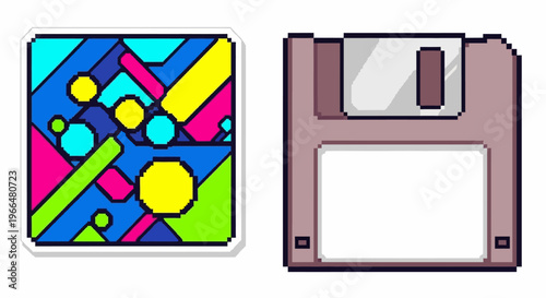 Pixel Art Floppy Disk and Abstract Square Design.