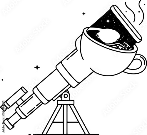 Creative inspiration telescope and morning drink vector, "Created with AI assistance and manually refined."