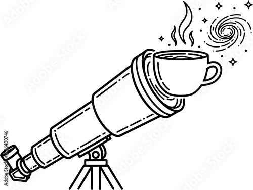 Minimalist astronomy telescope and coffee mug line art, "Created with AI assistance and manually refined."