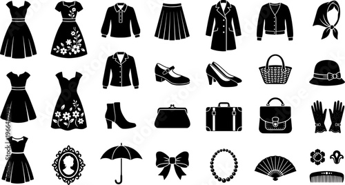 floral vintage wardrobe. Line outline icon set of floral vintage wardrobe: rose print dress, daisy pattern
