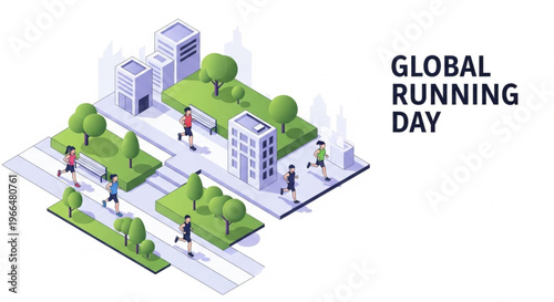 Isometric illustration of people running on a city street with green spaces and buildings on Global Running Day