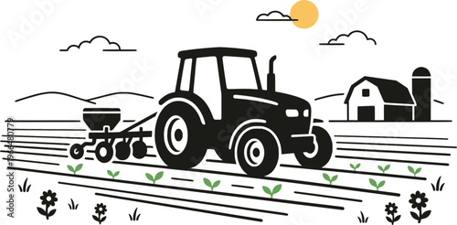 Spring Farming Scene. Spring Farming Machinery. A compact tractor pulling planting equipment across cultivated
