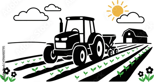 Spring Farming Scene. Spring Farming Machinery. A compact tractor pulling planting equipment across cultivated
