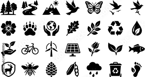 Nature Conservation Symbols. Filled icon set of Nature Conservation Symbols: forest trees cluster, river flow,
