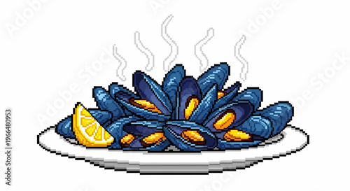 Steaming Plate of Delicious Blue Mussels with Lemon Slice.