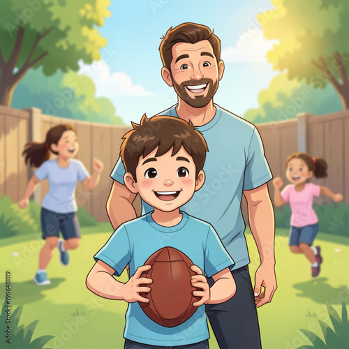 Happy father playing football with his son in a park on a sunny day