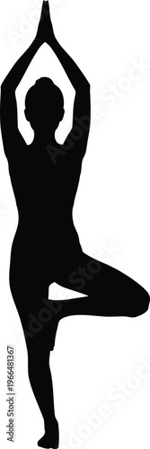 Black Silhouette of Woman Practicing Tree Yoga Pose Isolated on White Background for Wellness Design