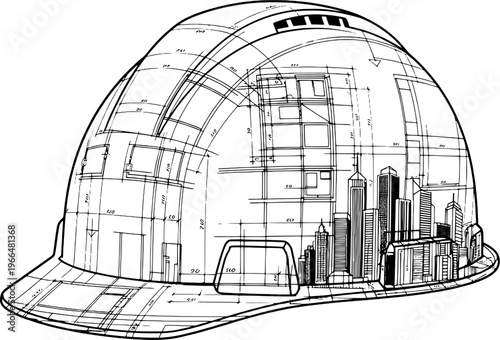 Minimalist smart construction helmet and blueprint line art, "Created with AI assistance and manually refined."