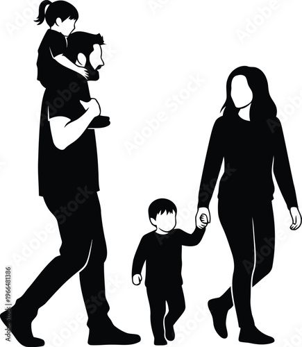 Happy family walking together silhouette vector illustration of parents with two children isolated on white