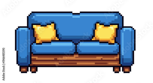 Pixel Art Blue Sofa with Yellow Cushions.