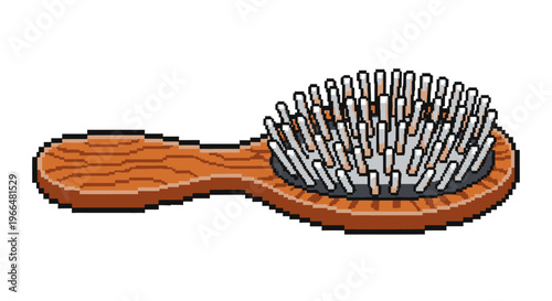 Wooden Hairbrush with White Bristles Pixel Art.