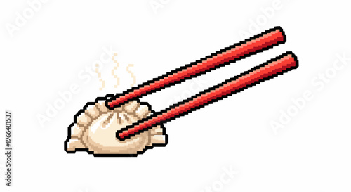 Pixel Art Dumpling Held by Red Chopsticks Steam Rising.