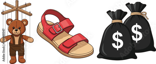 Vector illustration set with wooden puppet teddy bear toy, red summer sandal footwear, and money bags with dollar symbol isolated icons