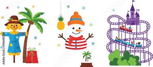 Seasonal vector illustration set with scarecrow and palm tree, snowman with pineapple hat, and amusement park roller coaster castle ride