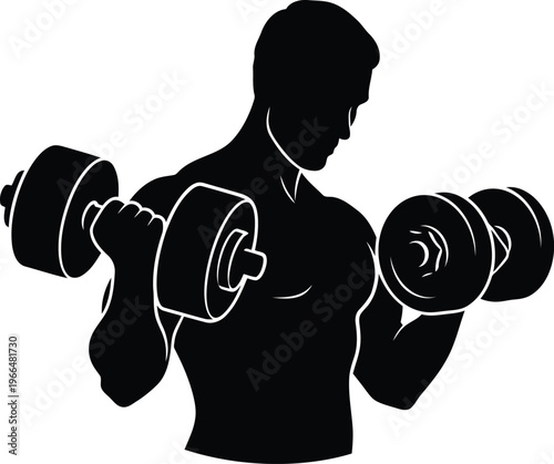 Muscular Man Lifting Dumbbells Silhouette Icon for Fitness Gym Branding and Bodybuilding Training Graphic Design