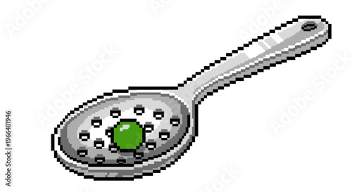 Single Green Pea Resting in a Perforated Spoon.