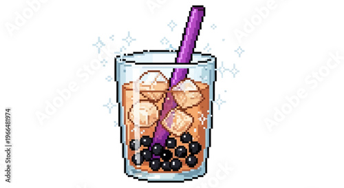 Pixel Art Bubble Tea Drink with Ice and Tapioca Pearls.