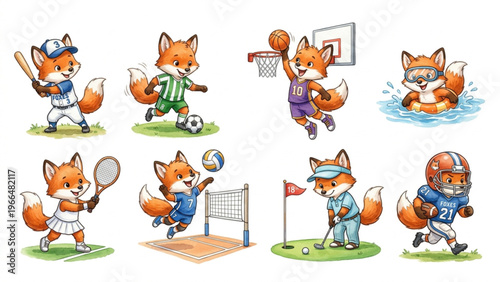  Set of funny cartoon cute Fox animals in playful sports vector style featuring smiling characters for kids toy illustration collection