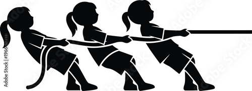 Black Silhouette Illustration of Three Girls Playing Tug of War Game Together on White Background