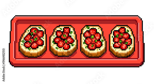 Pixel Art Bruschetta Appetizers on Red Tray.