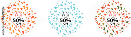 Three sale discount icons with 50% off and starburst elements in orange, blue, red