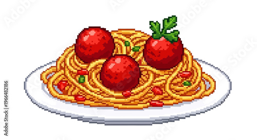 Pixel Art Spaghetti and Meatballs Plate.