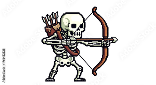 Skeleton Archer Aiming Bow and Arrow Pixel Art.