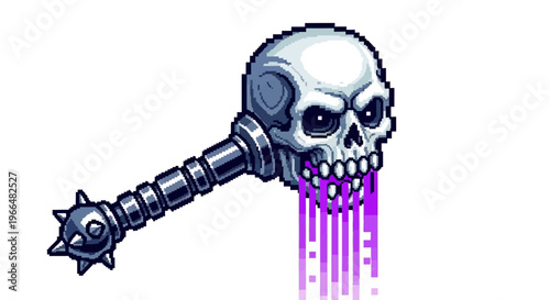 Pixel Art Skull Mace with Spikes and Dripping Purple Liquid.