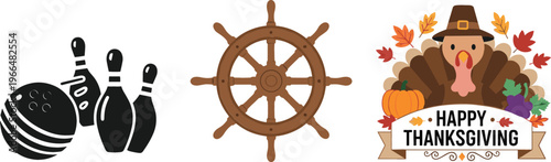 Vector illustration set with floating forest island landscape, cute Christmas dinosaur holding gift, and sweet holiday lips with tongue design