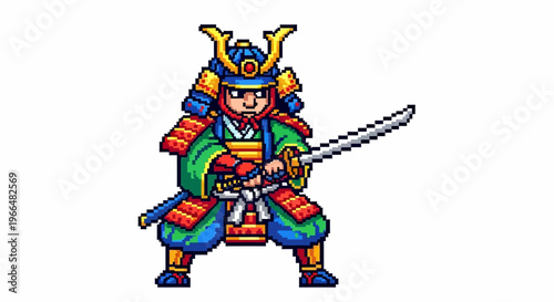 Pixel Art Samurai Warrior Holding Katana Sword.