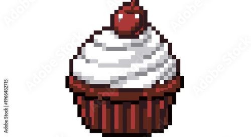 Pixel Art Red Velvet Cupcake with Cherry Topping.