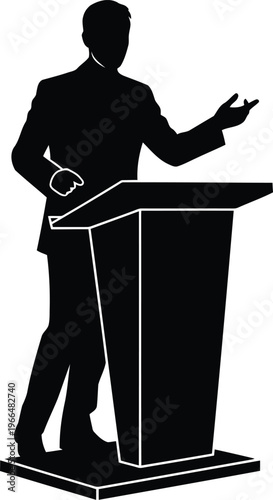 Businessman Silhouette Giving A Professional Presentation Or Public Speech At A Podium Lectern Icon