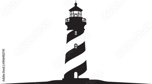 Black and white lighthouse with spiral design and tower