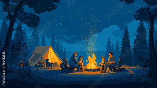 People gather around a campfire in a forest at night near a tent