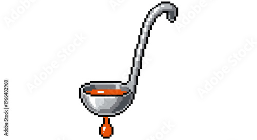 Pixel Art Soup Ladle with Orange Liquid Dripping.